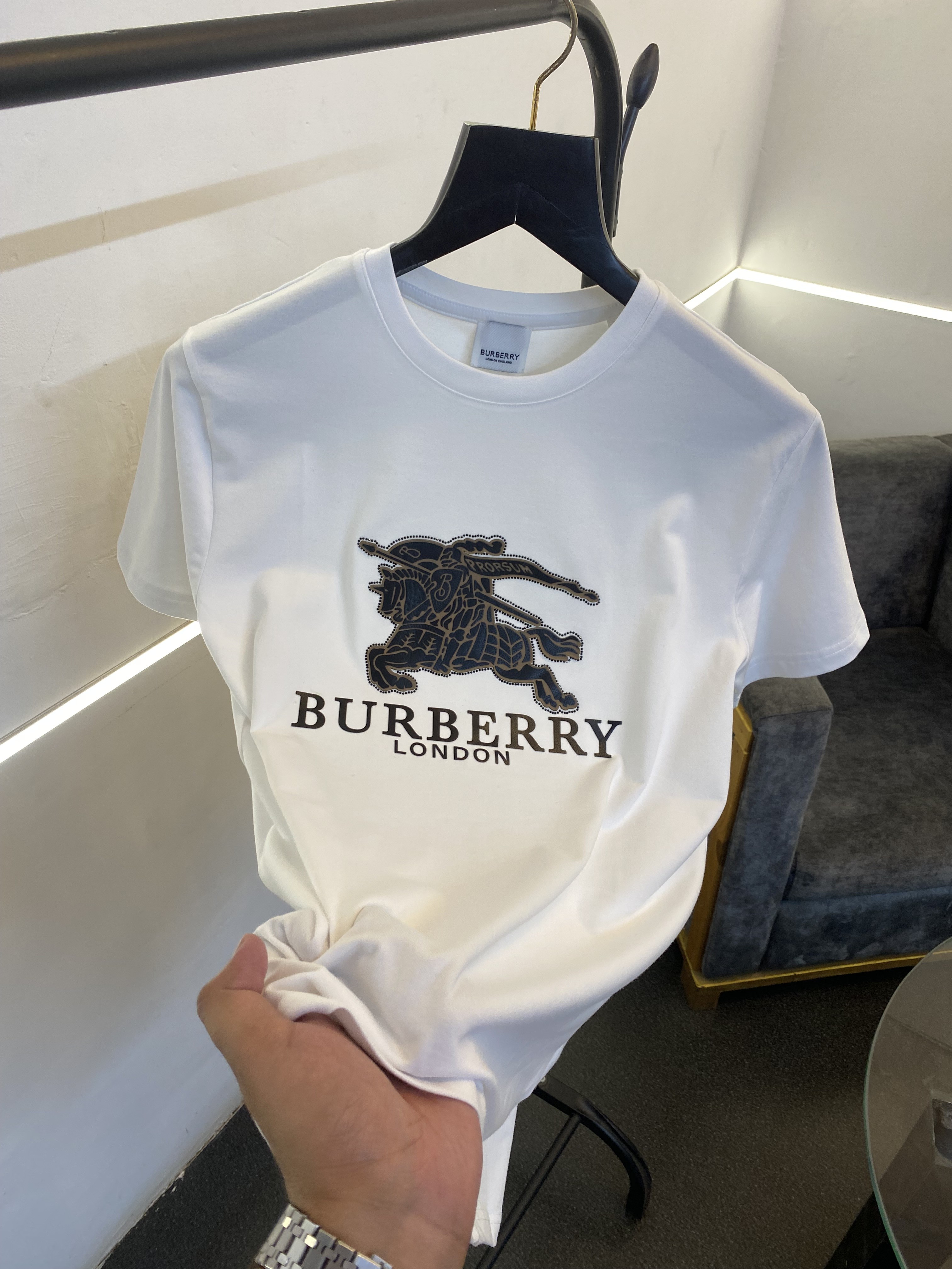 Burbery turkey imported round neck tshirt white with patch stone work and print