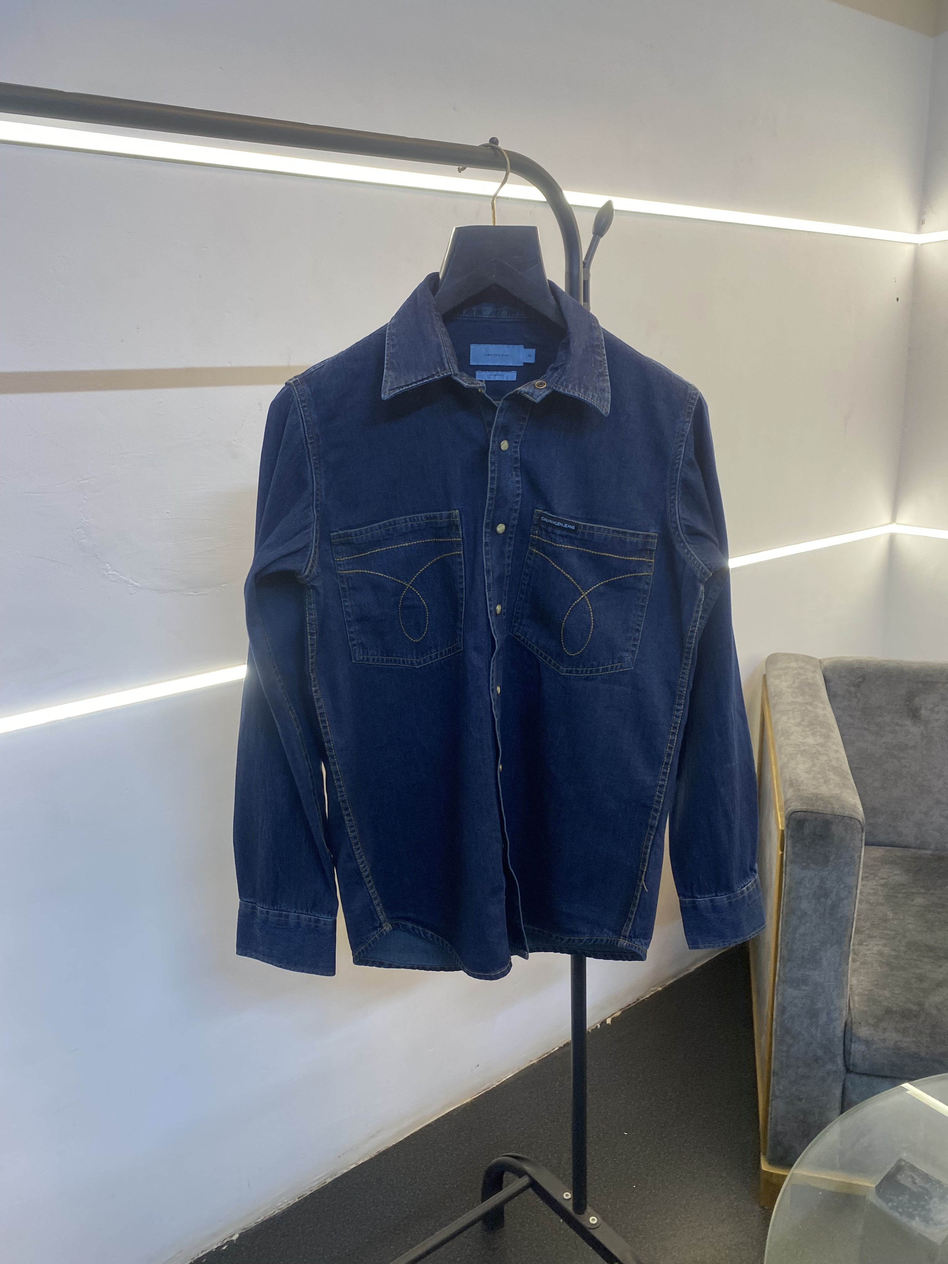 Calvin kline snap button double pocket imported denim shirt dark