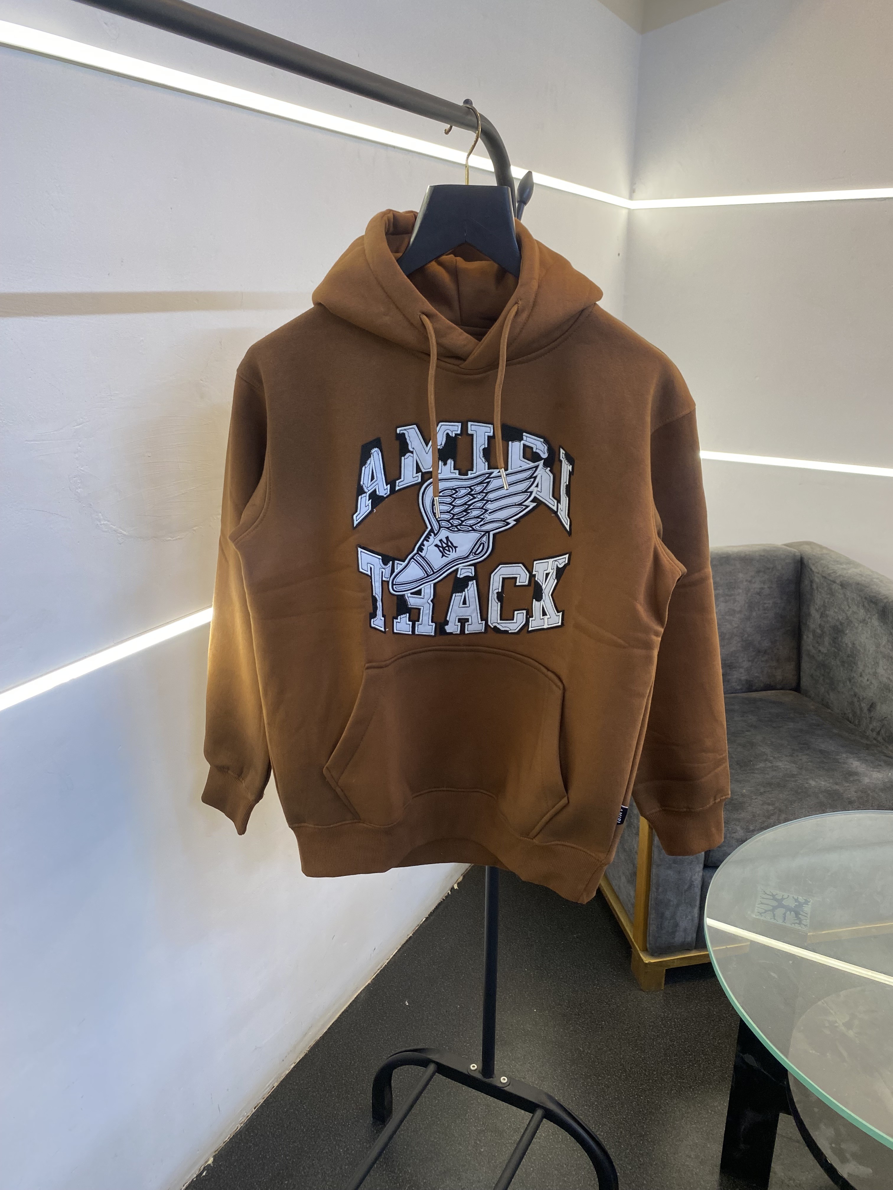 Ameeri heavy gsm fleece fabric hoody sweatshirt with ameeri applique embroidery work with shaded spray work as original brown