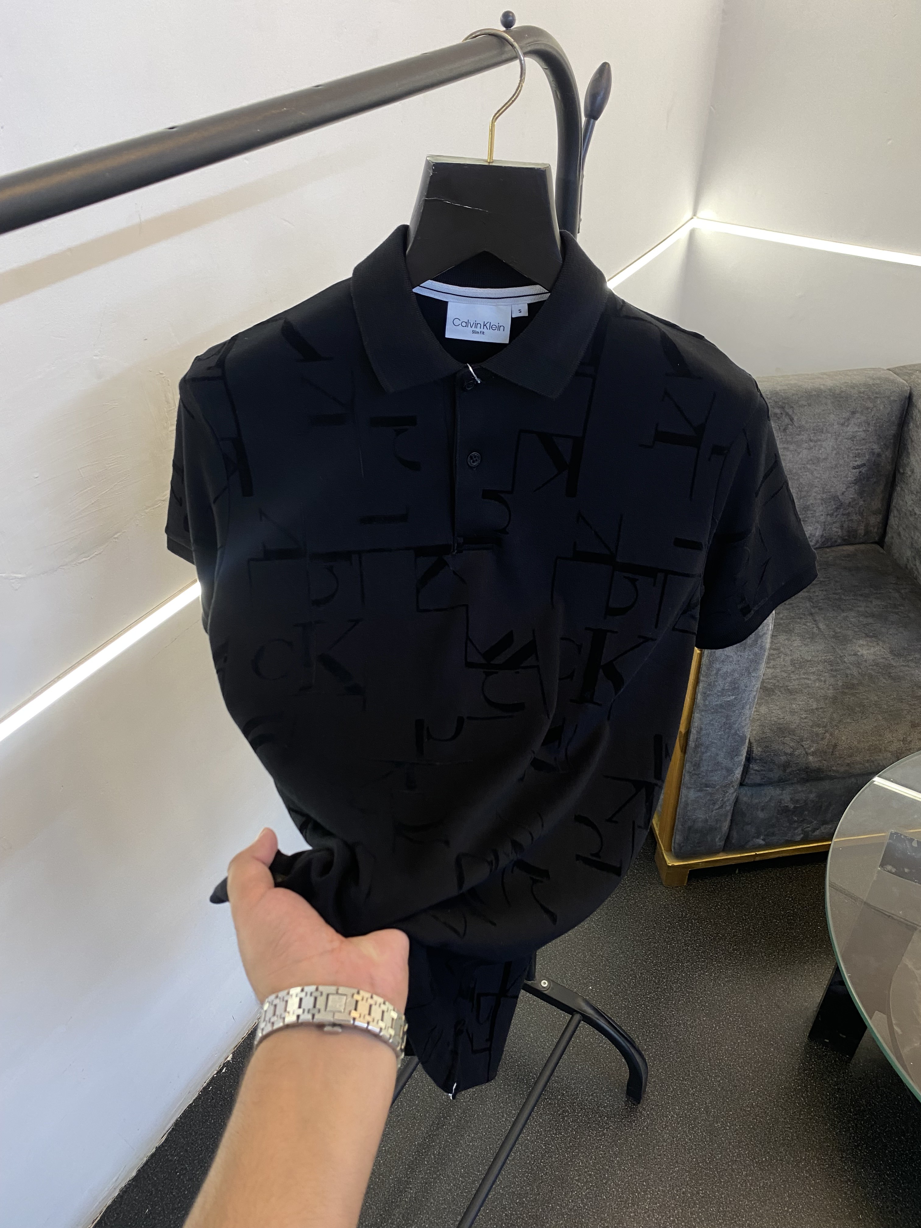 Calvin kline monogram velvet print imported polo tshirt black sale