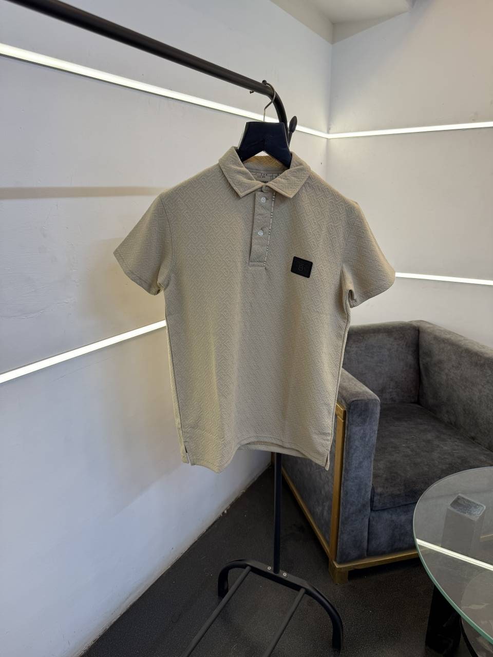 Burbery self knitted embossed print turkish imported polo tshirt beige sale