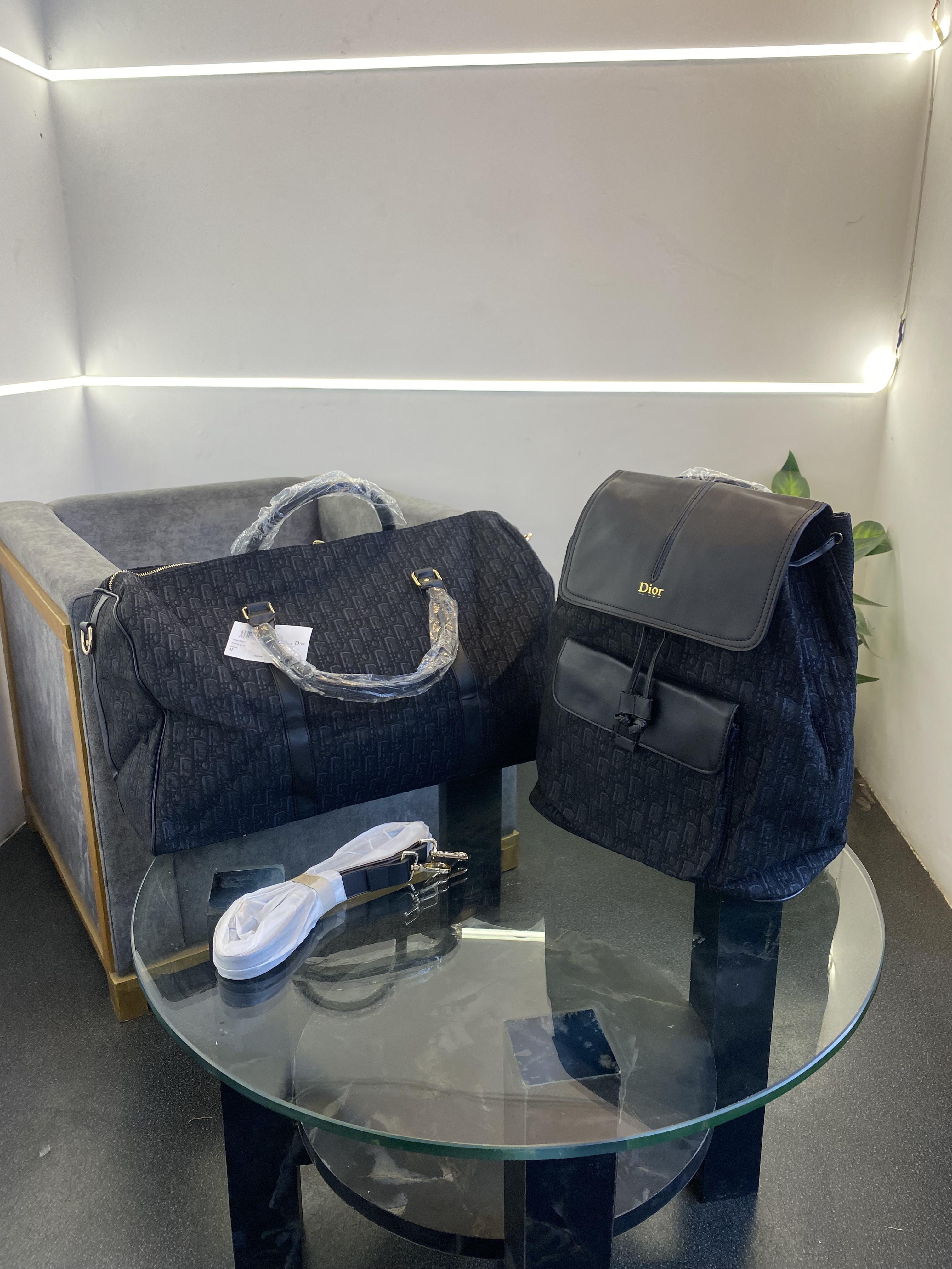 Christian diyor jacquards fabric monogram duffle bag and bagpack full set black