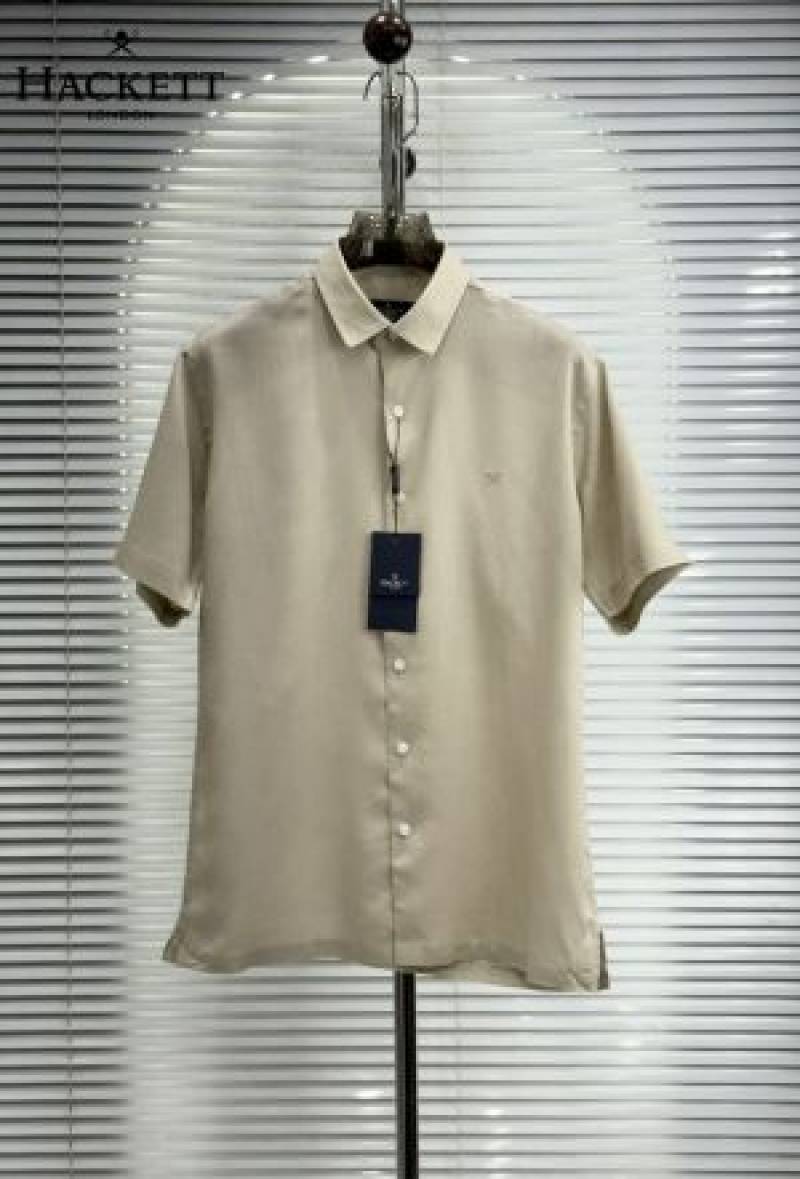 Hackett Chest Logo Half Linen Shirts Beige