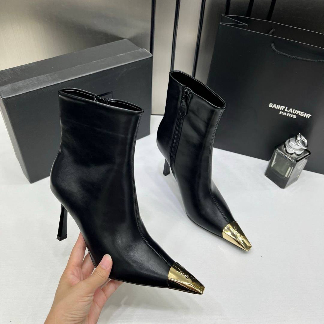 Ysl_Saint_Laurent_Paris_Black_High-Heeled_Ankle_Boots_With_Gold_Metal_Toe_Cap_With_OG_Box_Dust_Cover_&_Carry_Bag_B1_Black