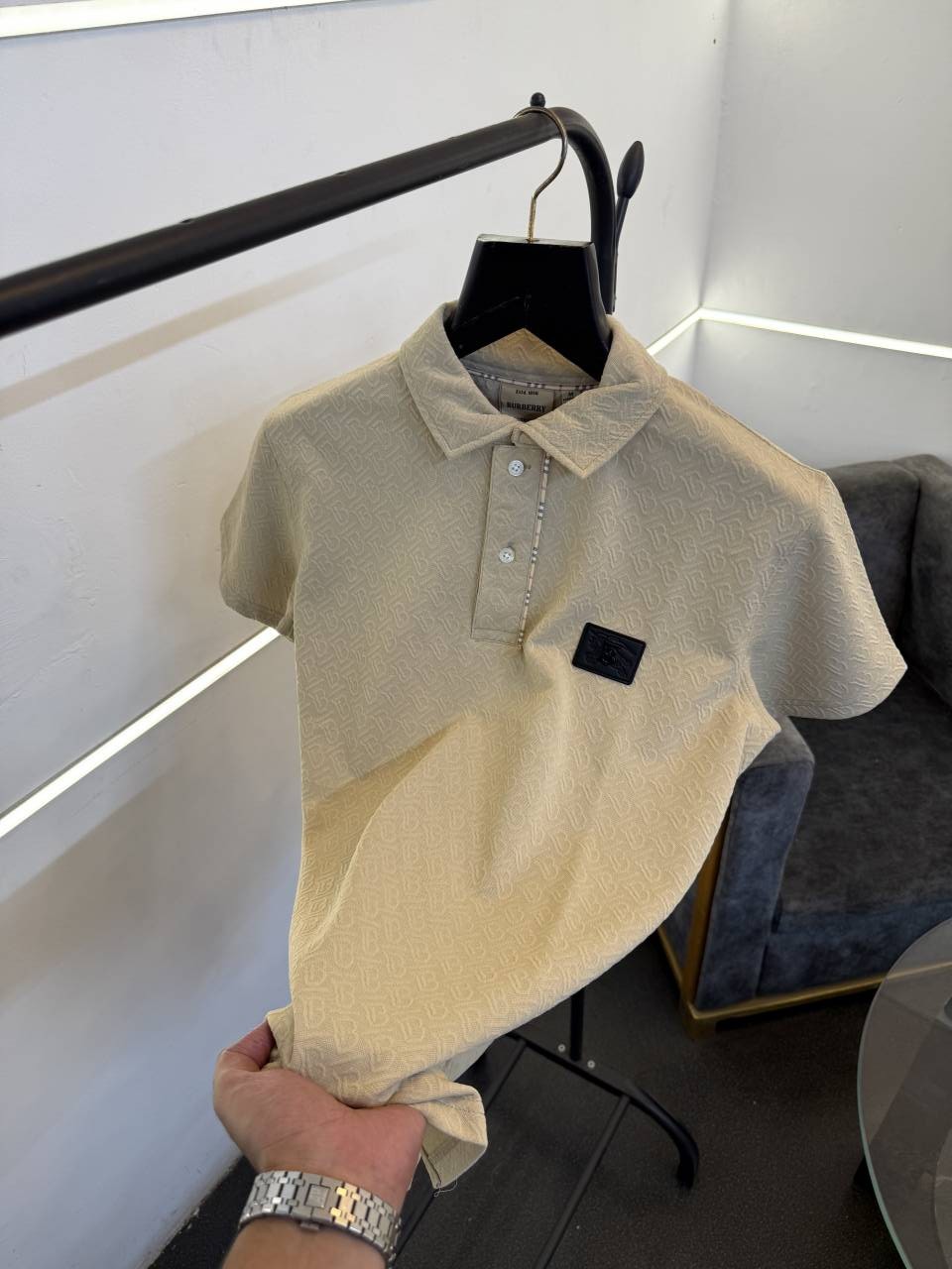 Burbery self knitted embossed print turkish imported polo tshirt beige sale