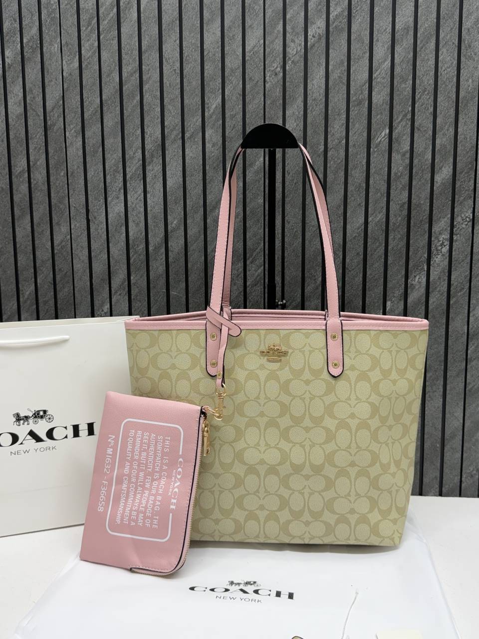 Coacch CB 01 Beige-Pink Reversible City Tote With Wallet CarryBag & Original DustCover