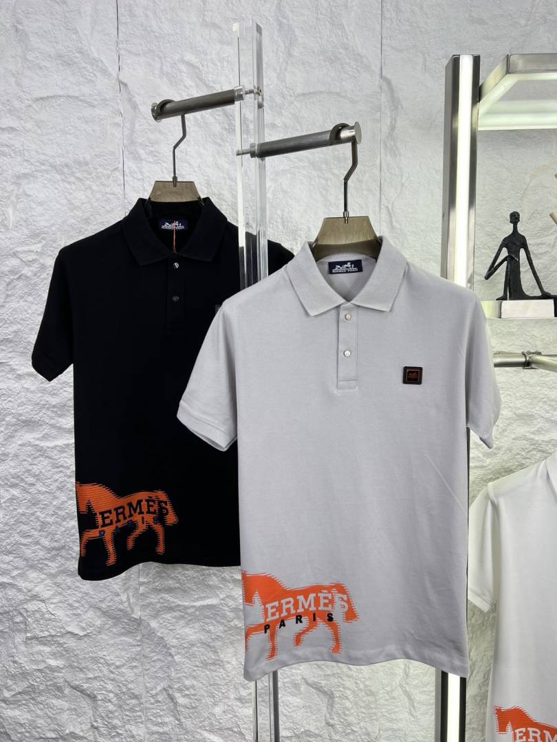 Hermes Chest Logo Polo T-shirt Grey