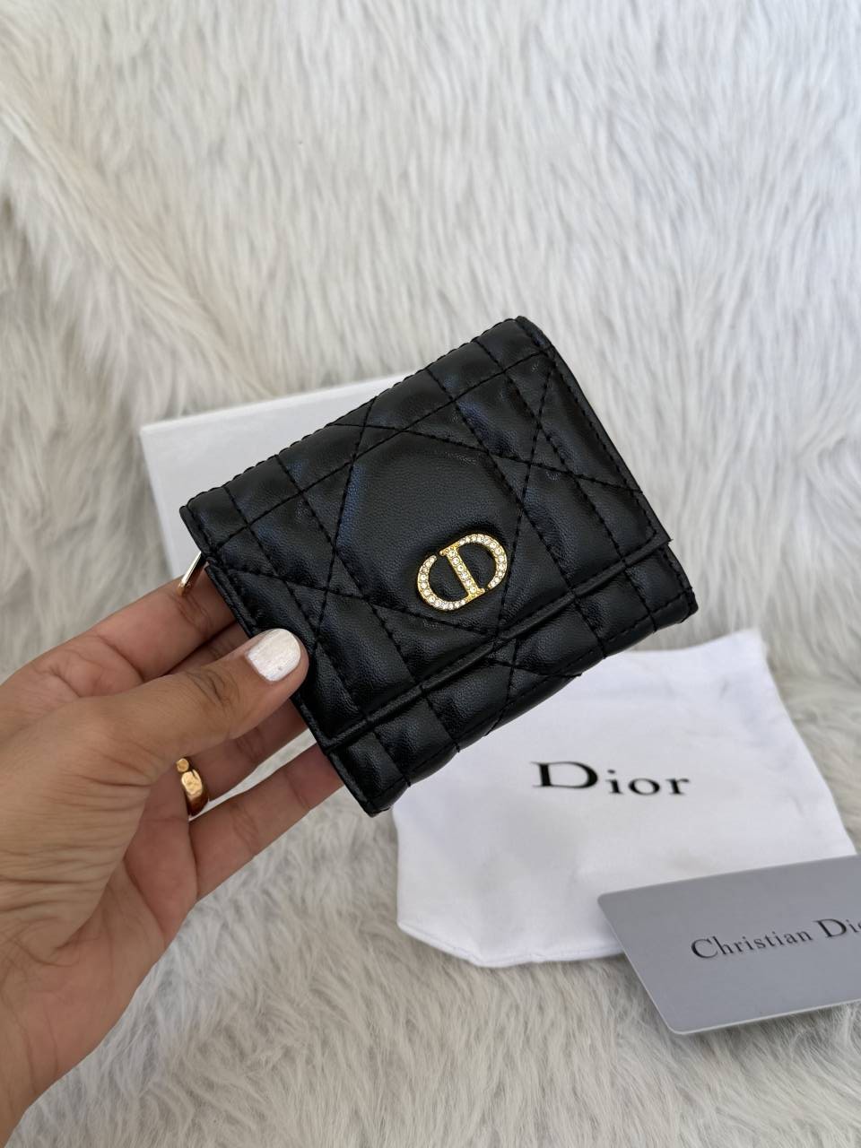 Black Caro Hibiscus Trifoldiyor Wallet With OriginalBox DustCover CardTag