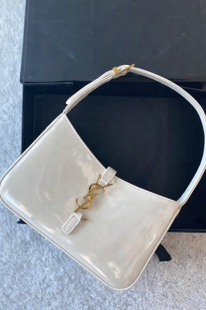 Ysl Hobo Patent Leather White-Gold Top Zip Shoulder Bag With OriginalBox