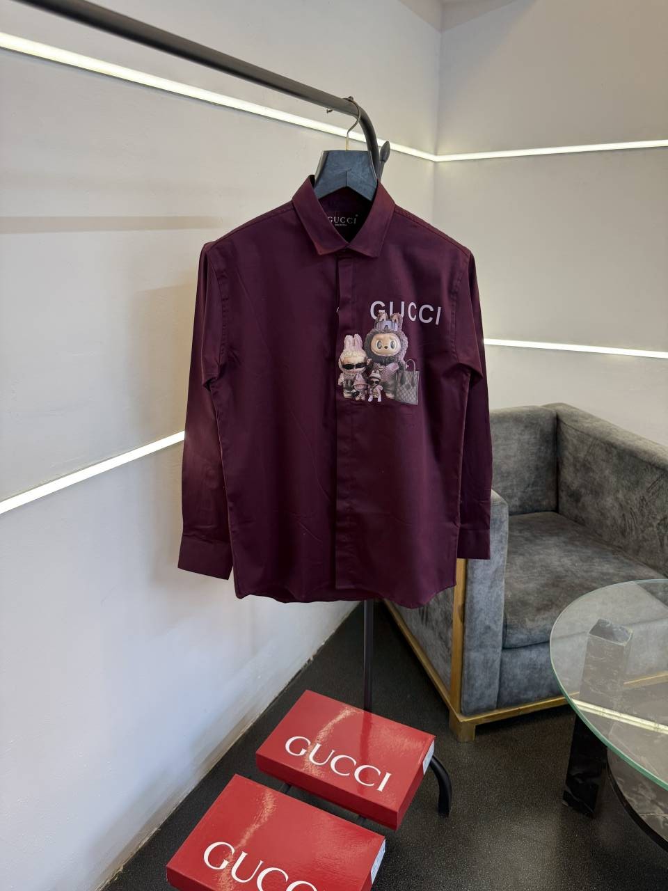 Gucci x labubu imported cotton satin shirt maroon