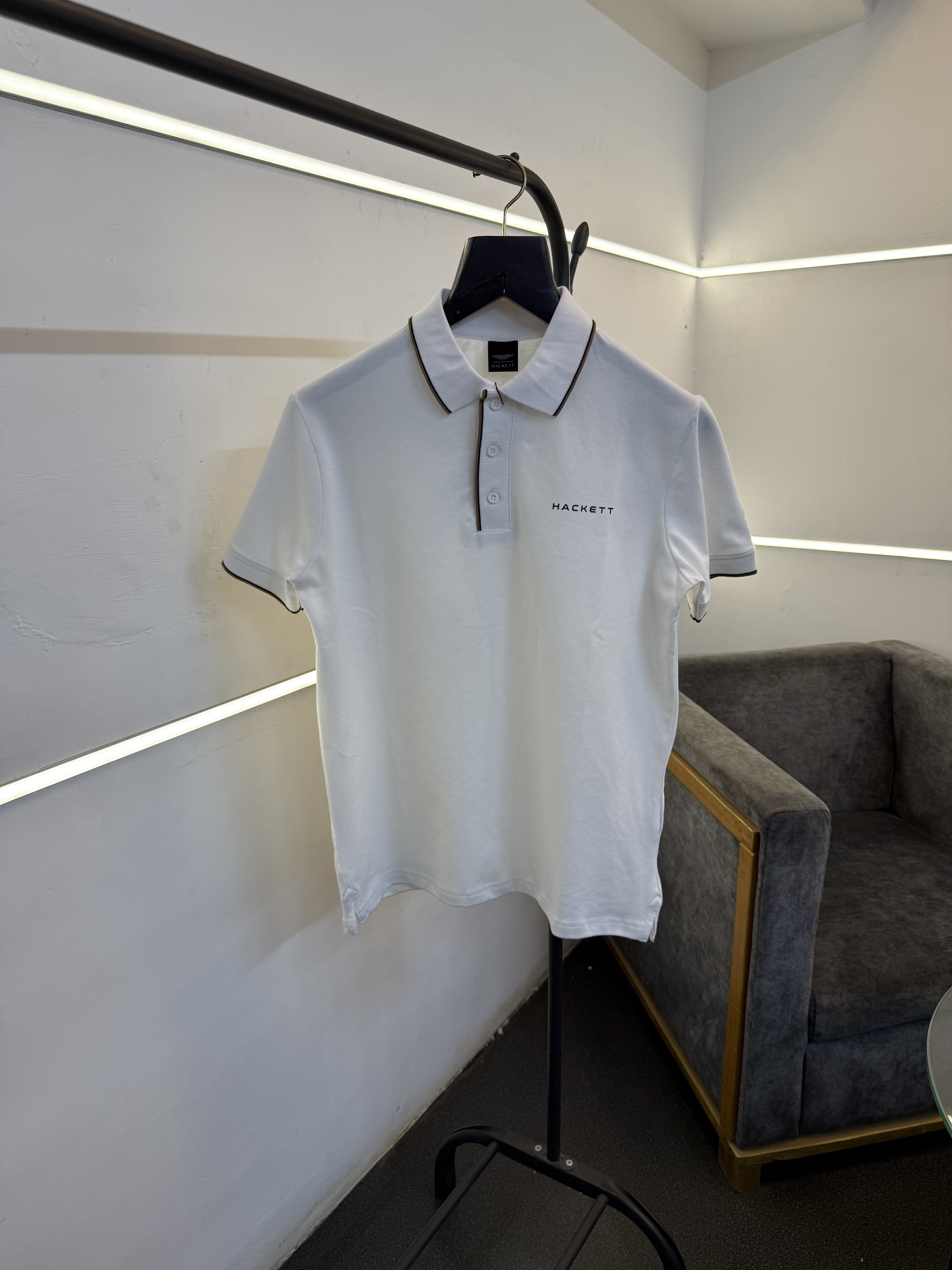 Hackett white imported polo tshirt with chest logo and border piping sale
