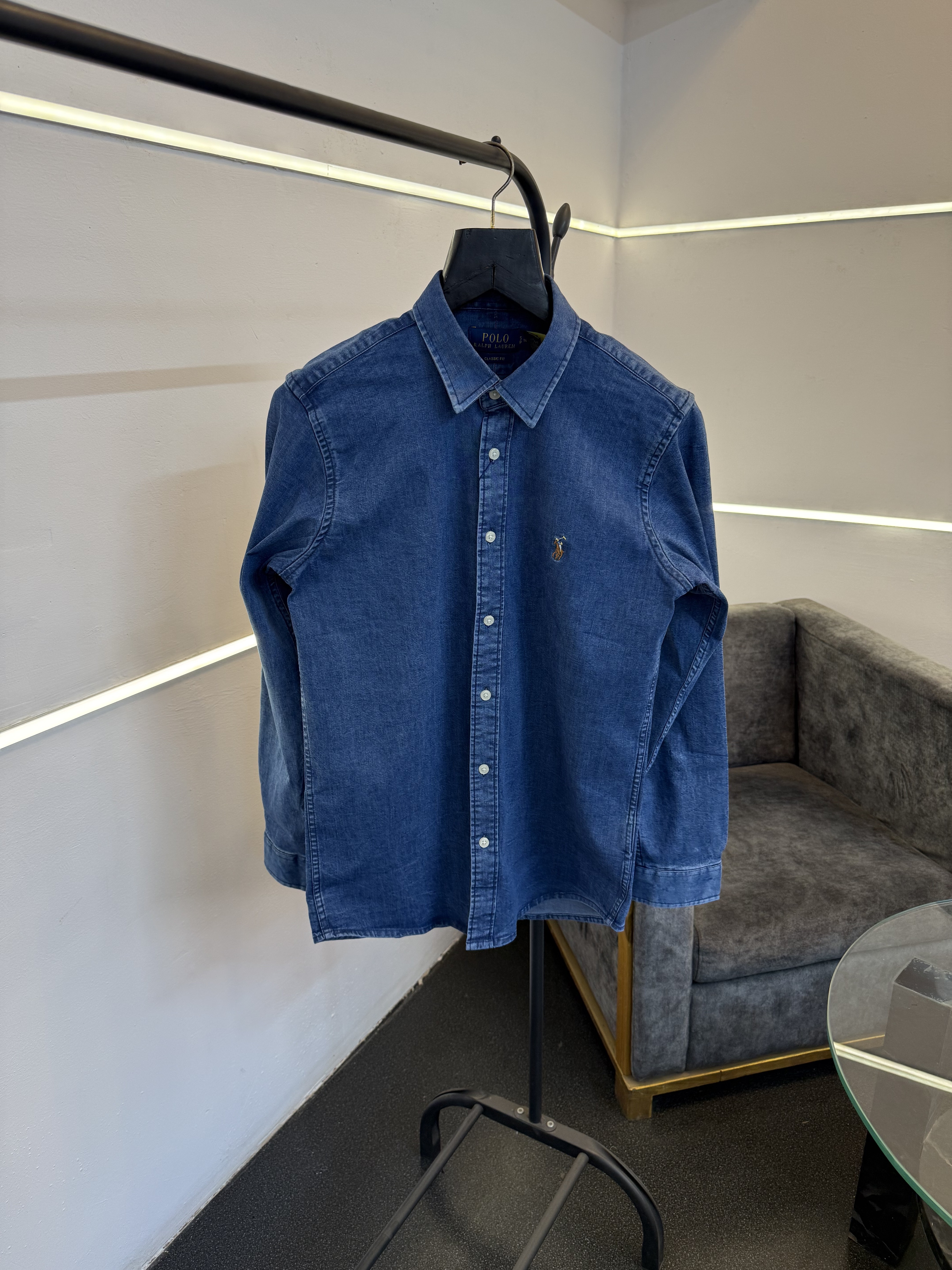 Ralph lauren denim blue imported denim shirt with embroidery logo on chest