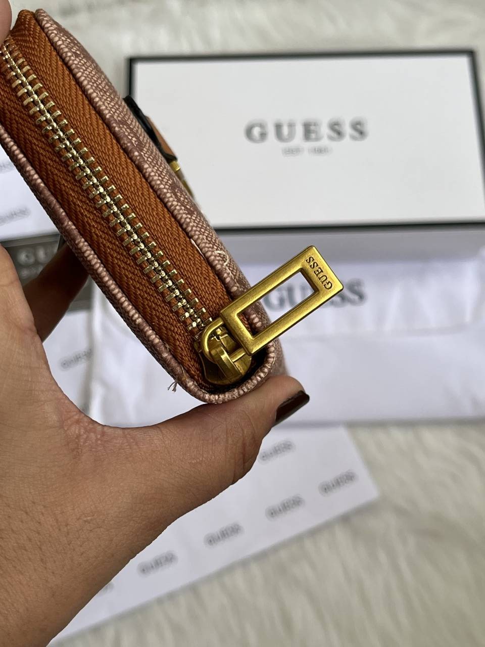 Guess 001 Light Apricot Long Zippy Wallet With Original Box Dust Cover Card & Brand Packaging