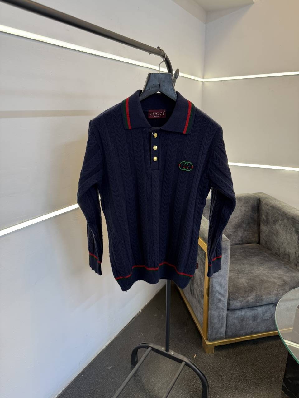 Gucci navy blue knitted imported sweatshirt with brand button and logo on chest
