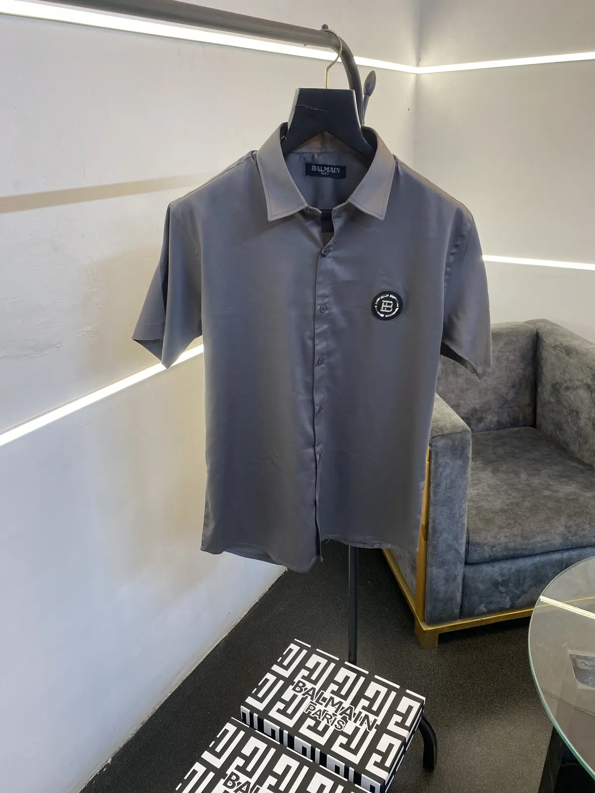 Balmain steel chest and sleeves logo half sleeves imported shirt grey - Image 2