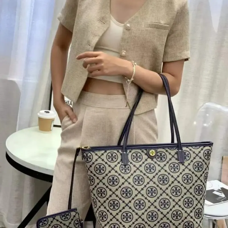 Tori Burch T Monogram Tote With OG Box & Dust Bag & Extra Pouch (Blue - 633) - Image 2