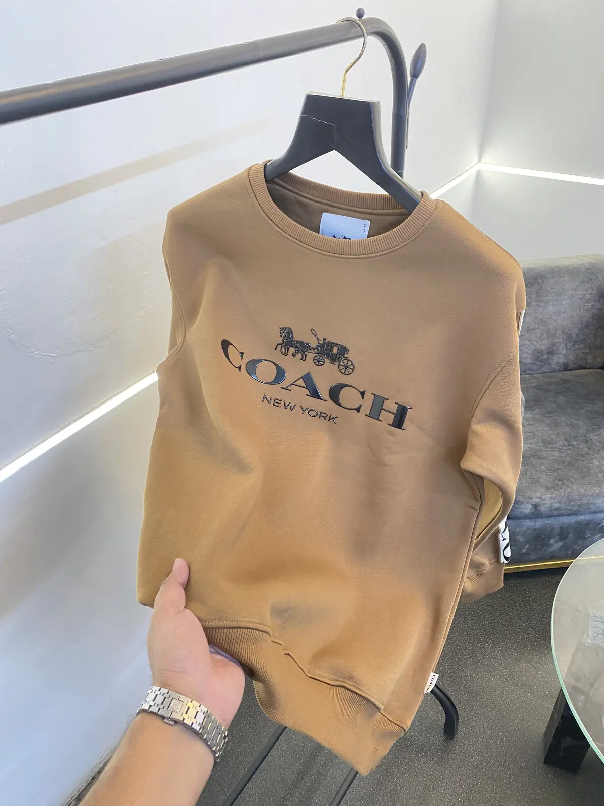 Coach heavy gsm lycra fleece sweatshirt with silicon brand tape on sleeves and front brown - Image 2