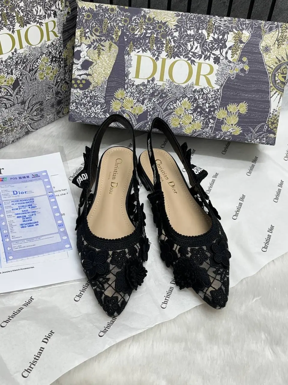 Dior JAdiyor Slingback Transparent Mesh Black Diyor Embroidery Flat With OG Box Dust Bag & Carry Bag - Image 7