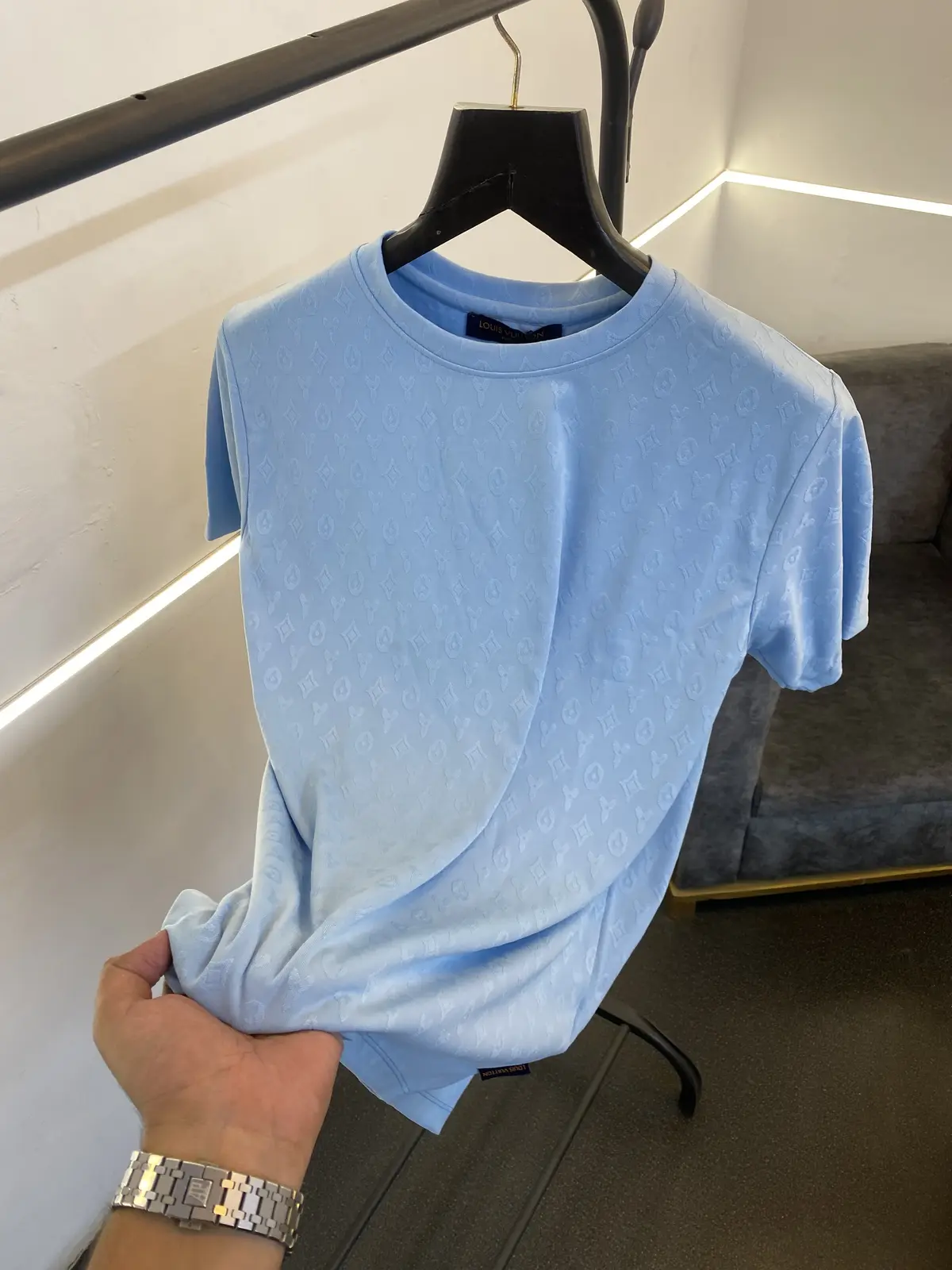 Louis Vuitton laser cut monogram round neck tshirt sky blue sale - Image 2