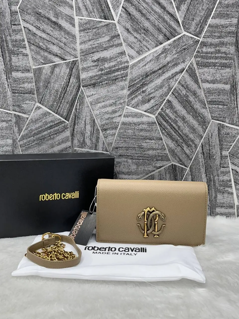Roberto Cavalli RC Logo Beige Shoulder Sling Bag With Original Box - Image 3