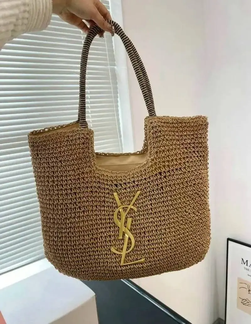 YSL Saint Laurent ICare Raffia Jute Tote Bag With OG Box & Dust Bag (Brown - 991) - Image 3