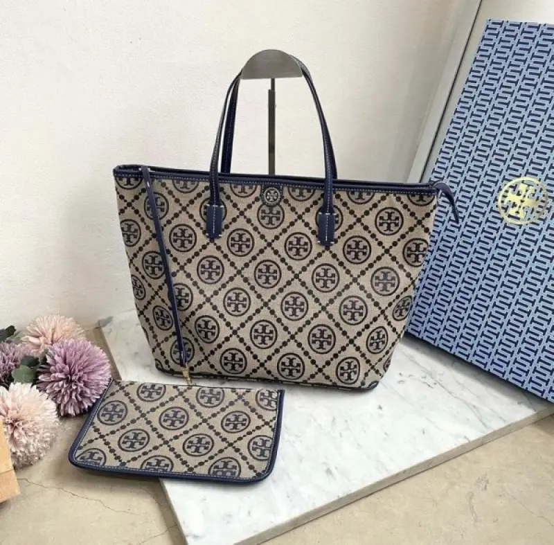 Tori Burch T Monogram Tote With OG Box & Dust Bag & Extra Pouch (Blue - 633) - Image 4