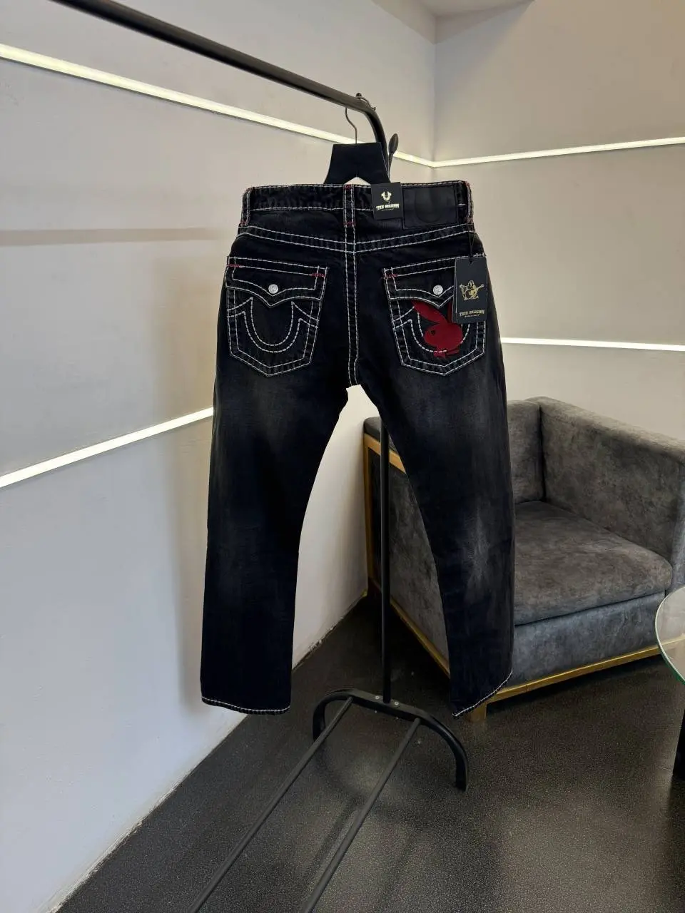 True religion hyperflex dark grey imported denim with brand button and playboy embroidery logo on back pocket - Image 3