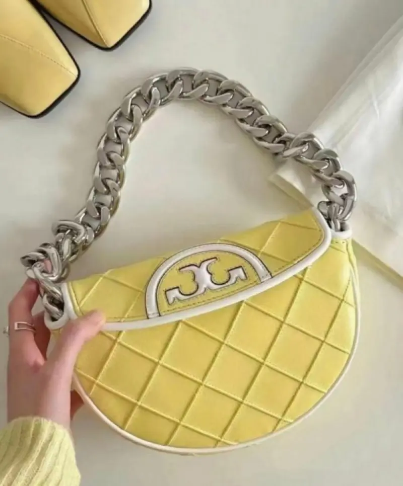 Tori Burch Fleming Crescent Premium Bag With OG Box & Dust Bag (Yellow - 608) - Image 2
