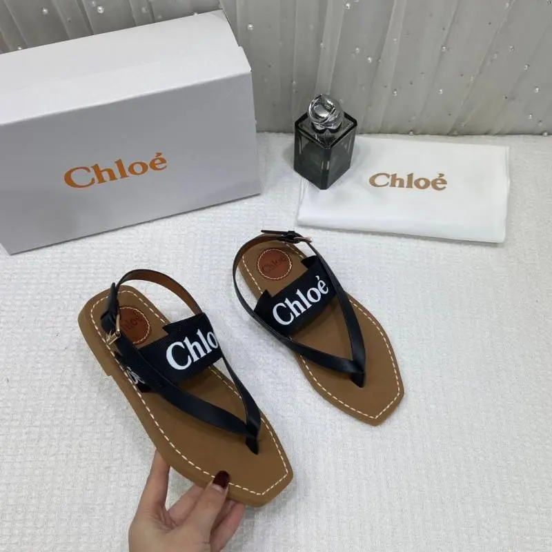 Chloe Woody Flat Sandal Black Canvas & Leather With OG Box & Dust Cover Black