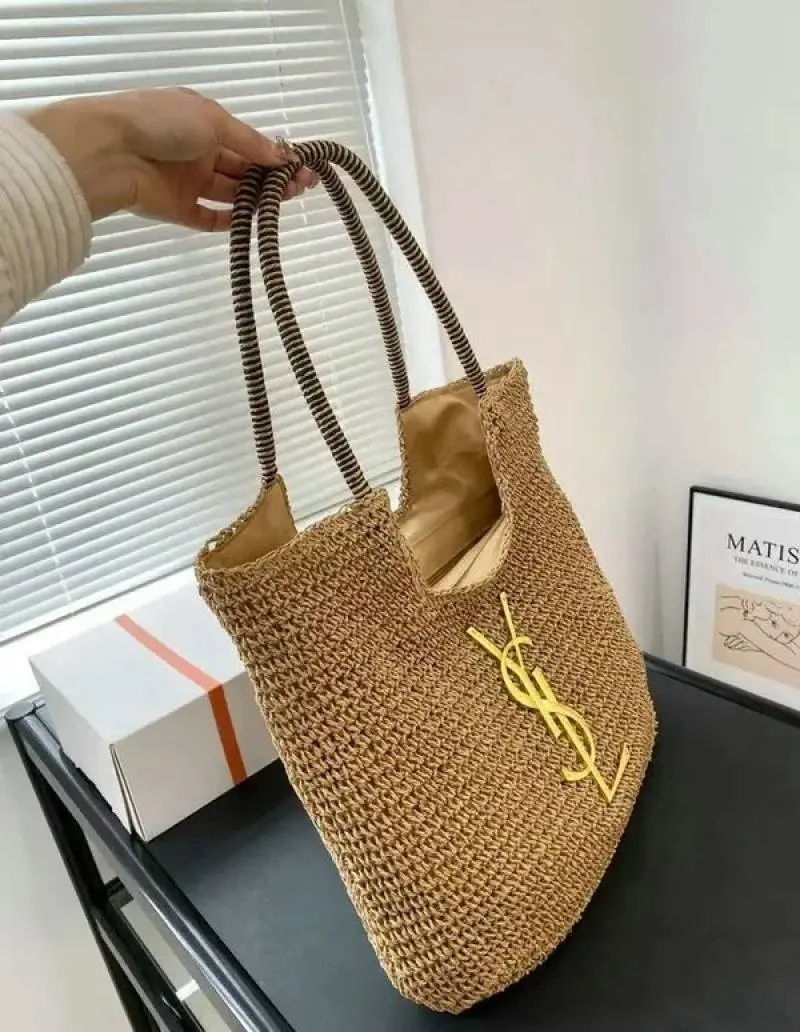 YSL Saint Laurent ICare Raffia Jute Tote Bag With OG Box & Dust Bag (Brown - 991) - Image 7