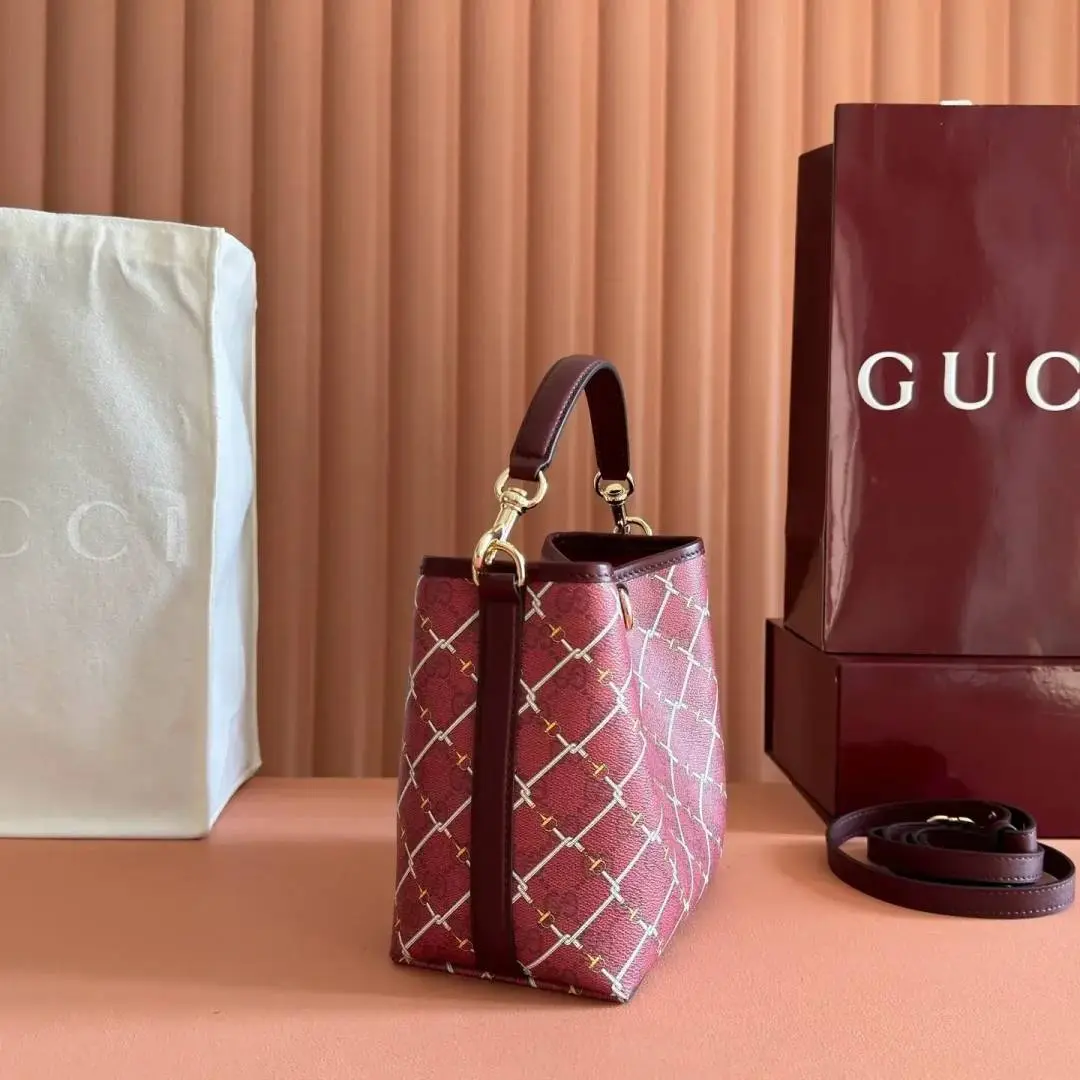 Gucci GG Emblem Premium Bucket Bag With OG Box & Dust Bag (Burgundy - 1250) - Image 6