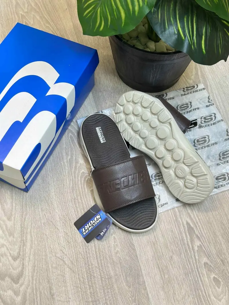 Skechers GOwalk Goga Mat Premium Brown Beige Slides - Image 2