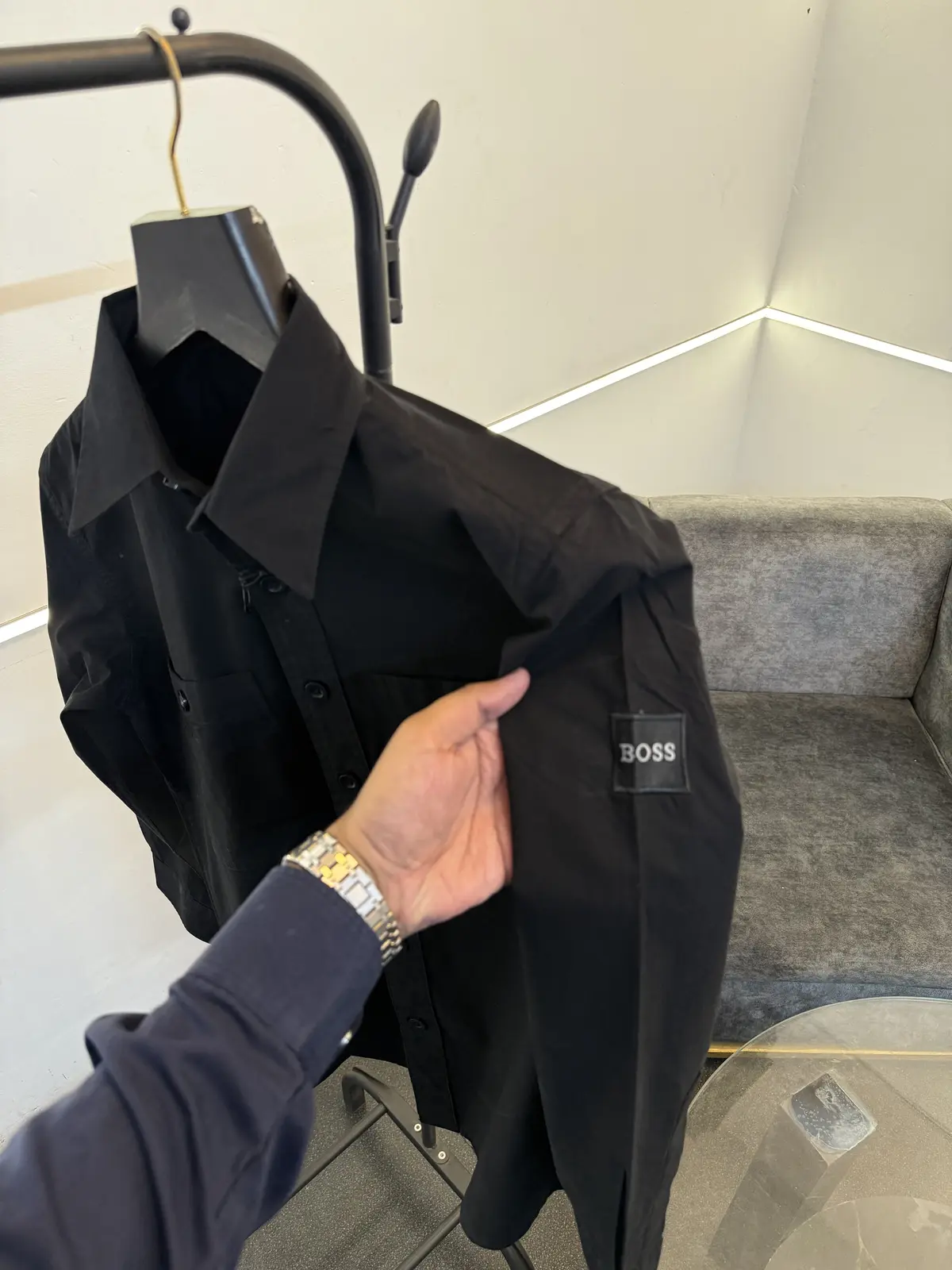 Hugo bos cargo double pocket imported shirt with embroidery logo on sleeves black - Image 3