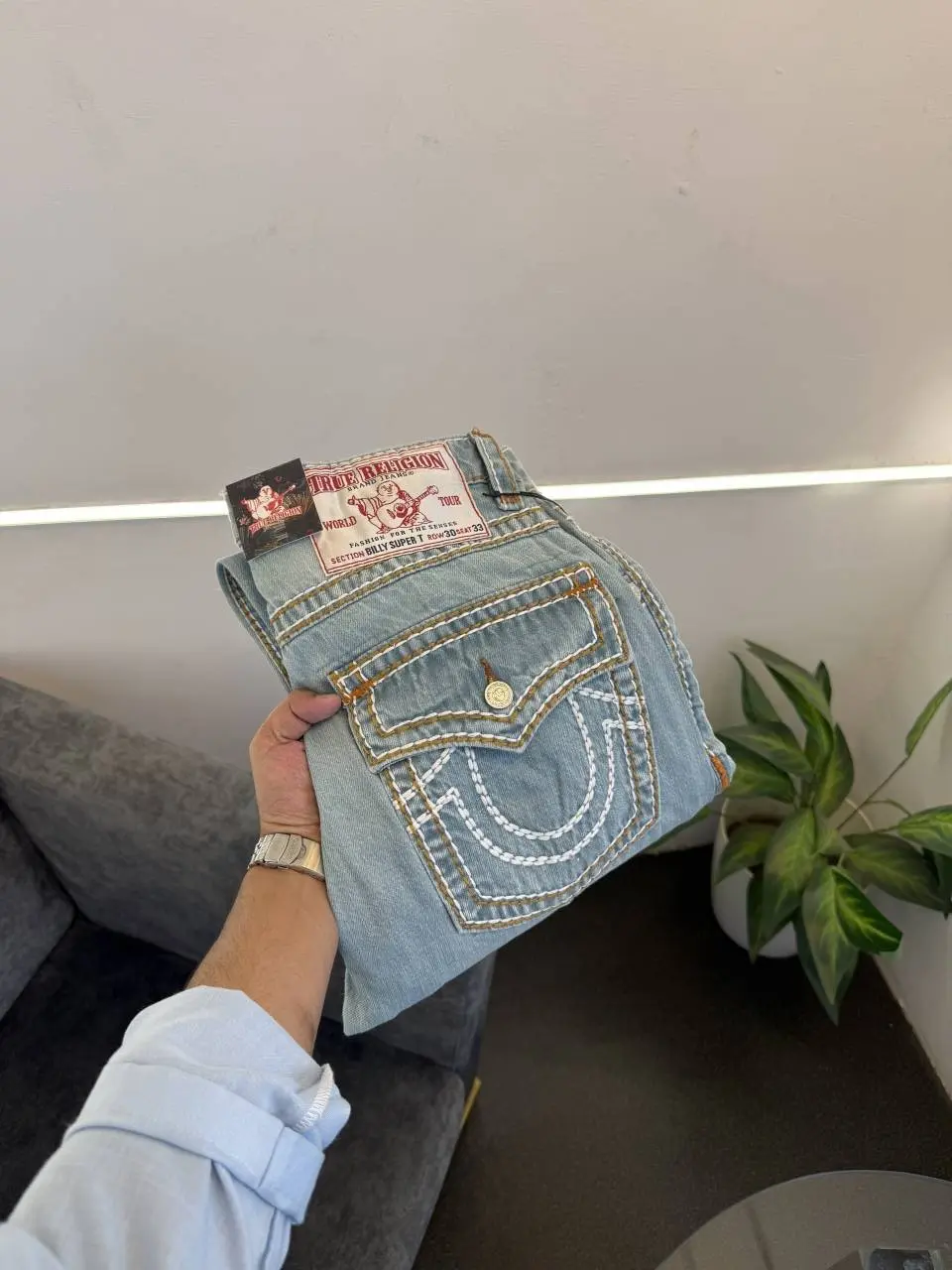 True religion hyperflex sky blue imported denim with brand button and pattern on back - Image 4