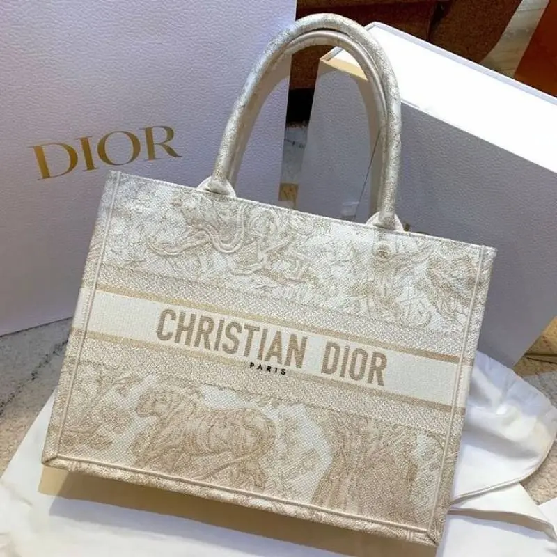 Dior Book Tote Cream Toile De Jouy With OG Box & Dust Bag & Scarf (Cream Tiger-842) - Image 4
