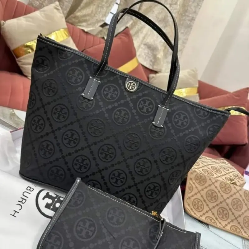 Tori Burch T Monogram Tote With OG Box & Dust Bag & Extra Pouch (Black - 635) - Image 3