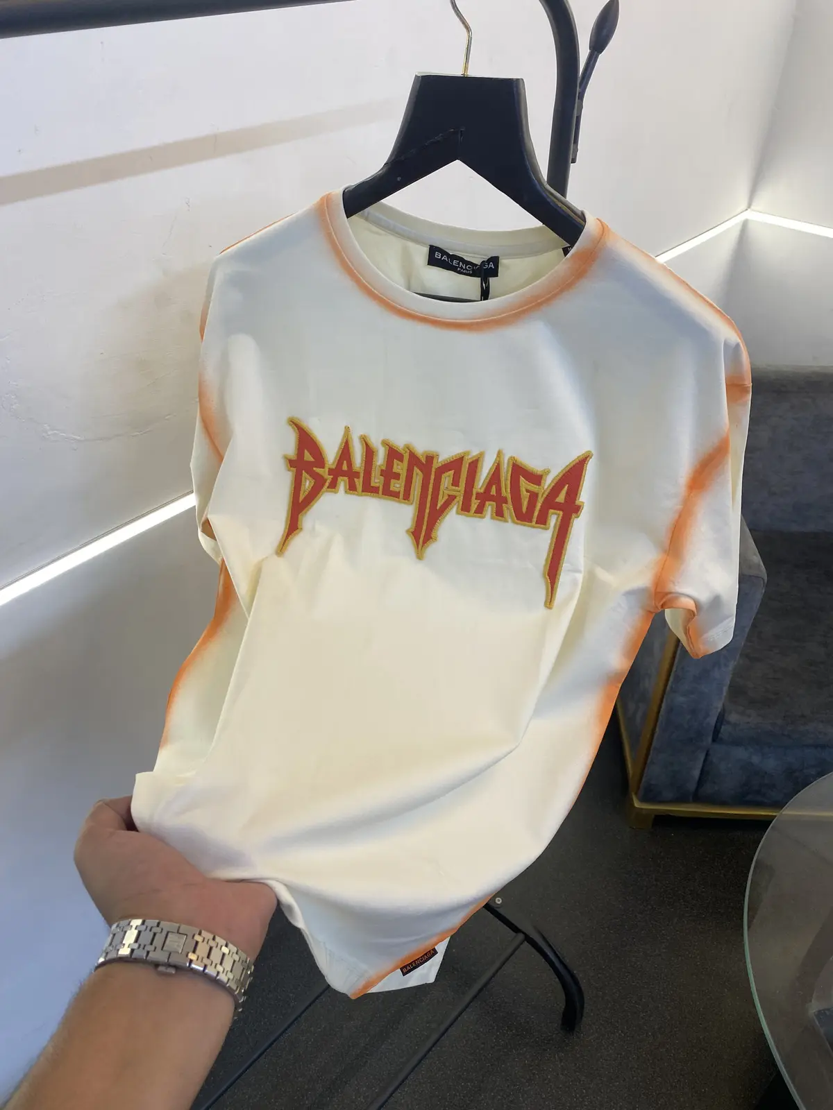 Balenciaga a over size spray print with embroidery logo imported tshirt cream - Image 2