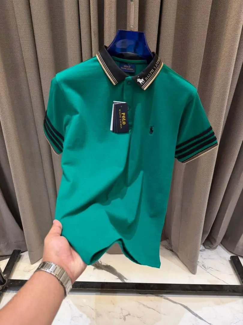 Ralph Lauren Chest Logo Stripe Sleeves Polo T-shirt Green - Image 2
