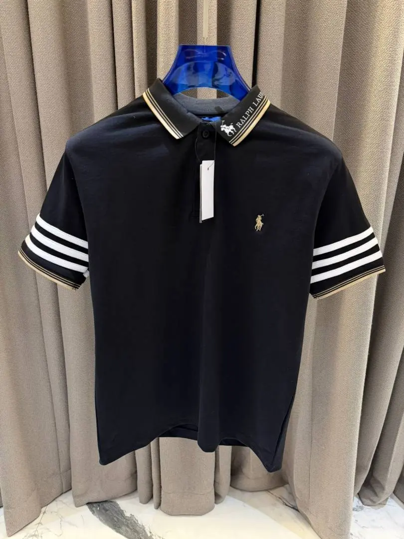 Ralph Lauren Chest Logo Stripe Sleeves Polo T-shirt Black