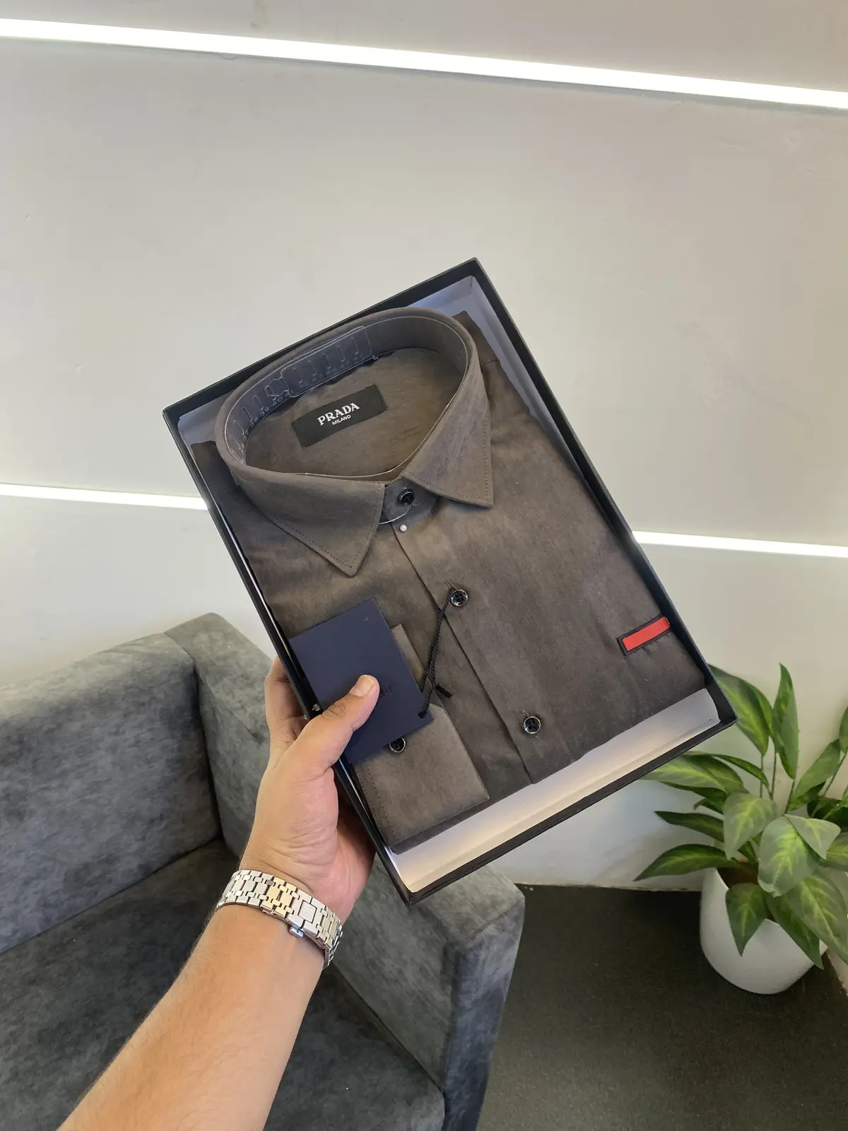 Prada style 03 cotton suede imported box pack shirt dark brown - Image 3