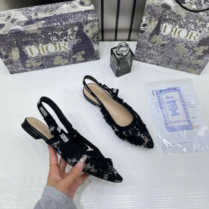 Dior JAdiyor Slingback Transparent Mesh Black Diyor Embroidery Flat With OG Box Dust Bag & Carry Bag - Image 9