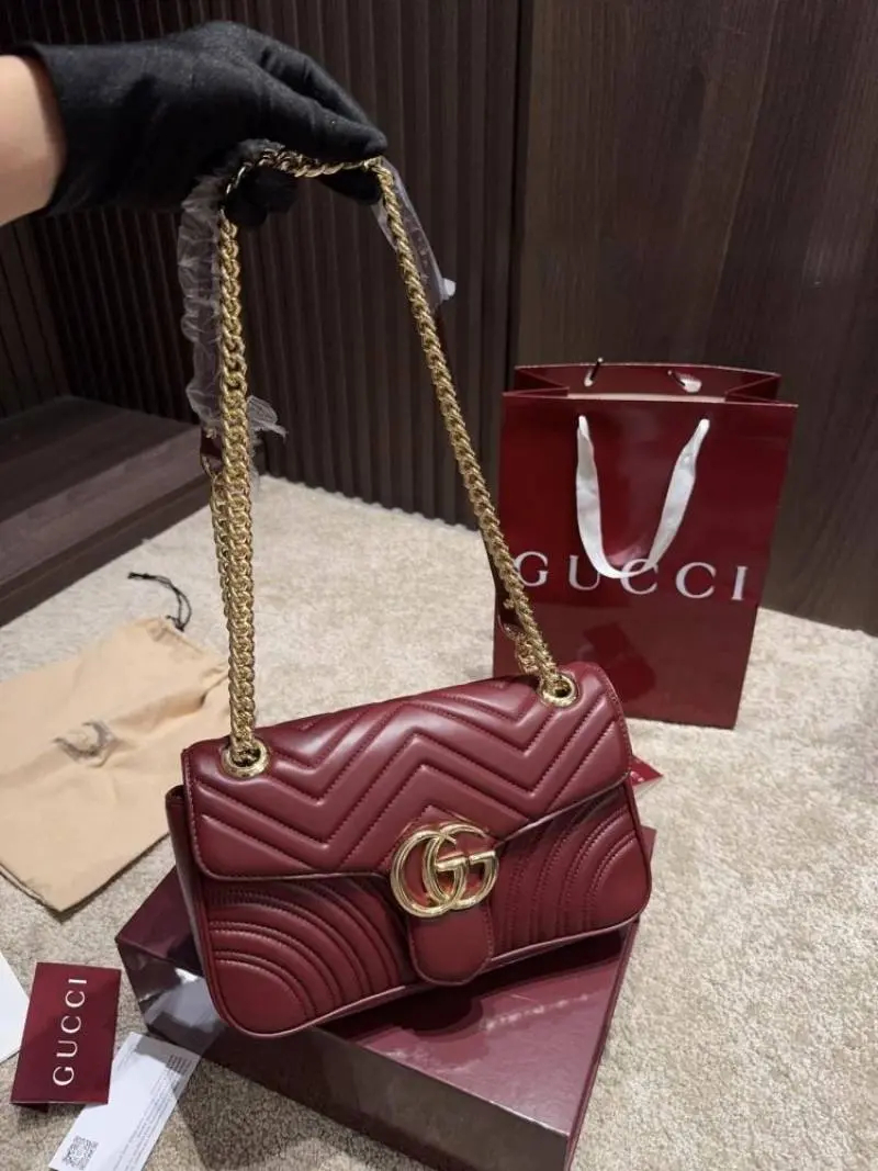 Gucci GG Marmont Premium Shoulder Bag With OG Double Box & Premium Dust Bag & Carry Bag & Accessories (Wine - 1230) - Image 3