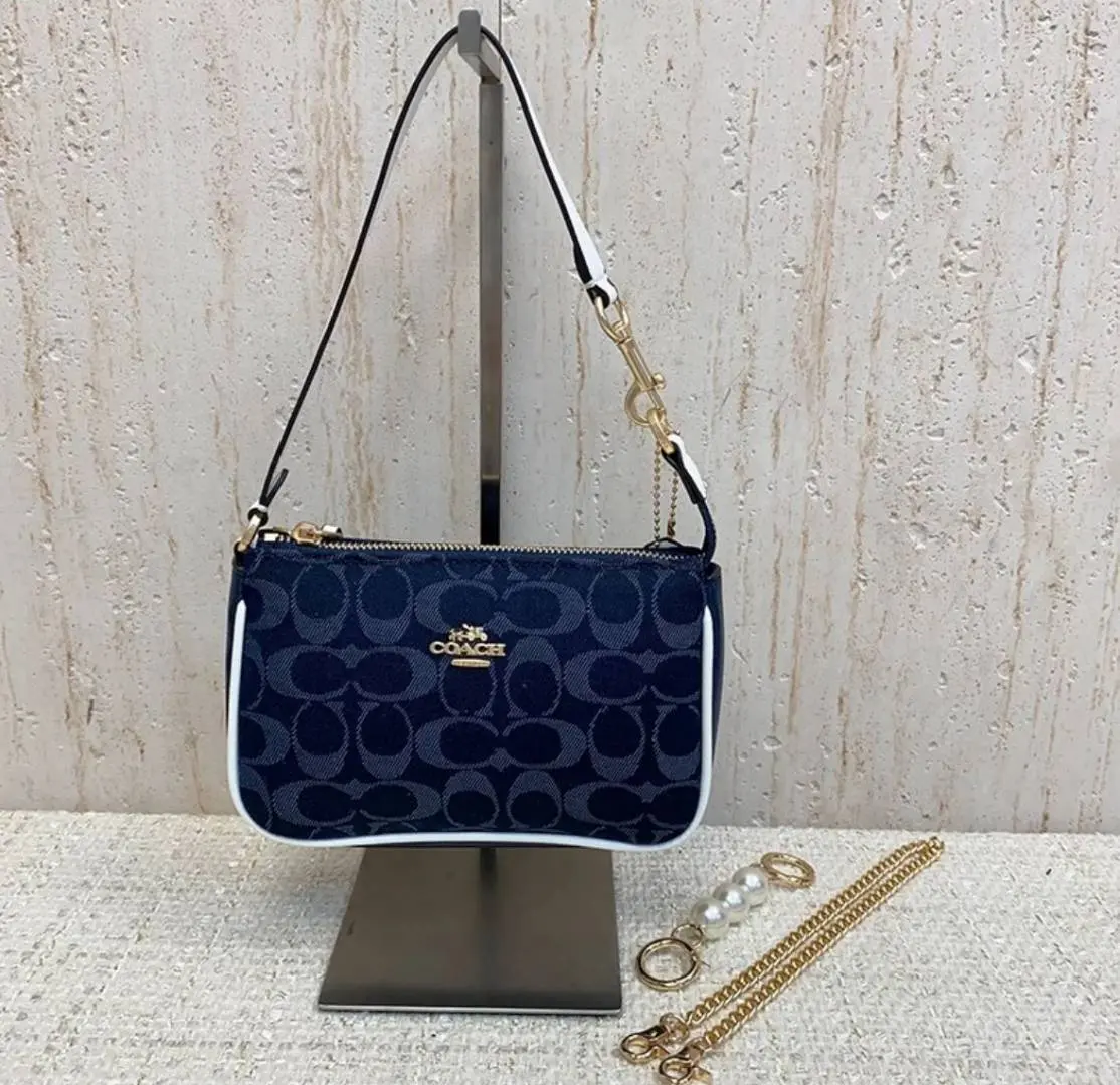 Coach Nolita 19 Denim-White With OriginalBox DustCover PearlCharm Chain - Image 3
