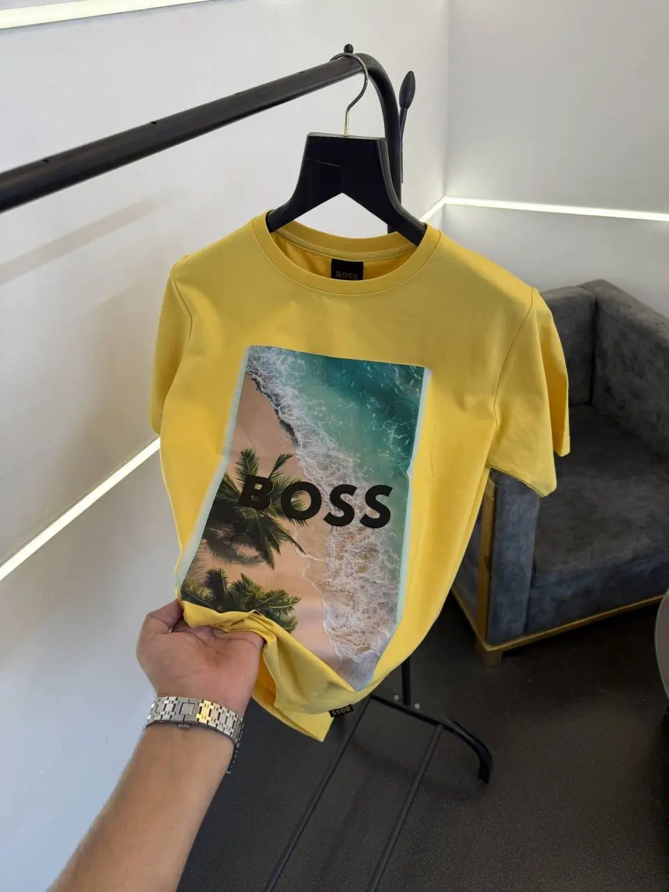 Hugo bos turkey imported heavy print and patch round neck tshirt yellow sale - Image 2