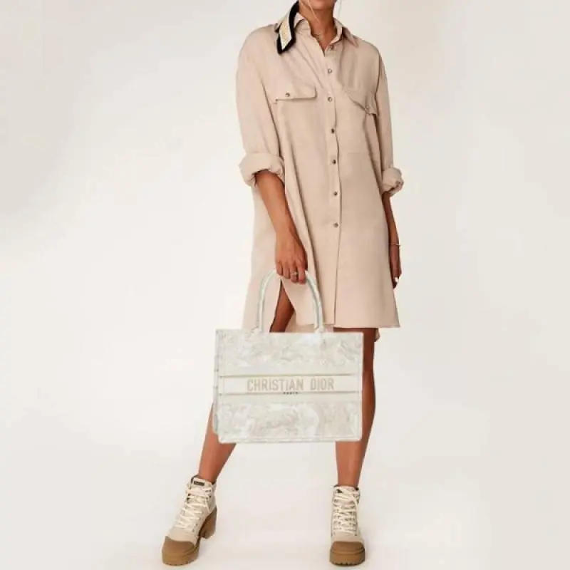 Dior Book Tote Cream Toile De Jouy With OG Box & Dust Bag & Scarf (Cream Tiger-842) - Image 3