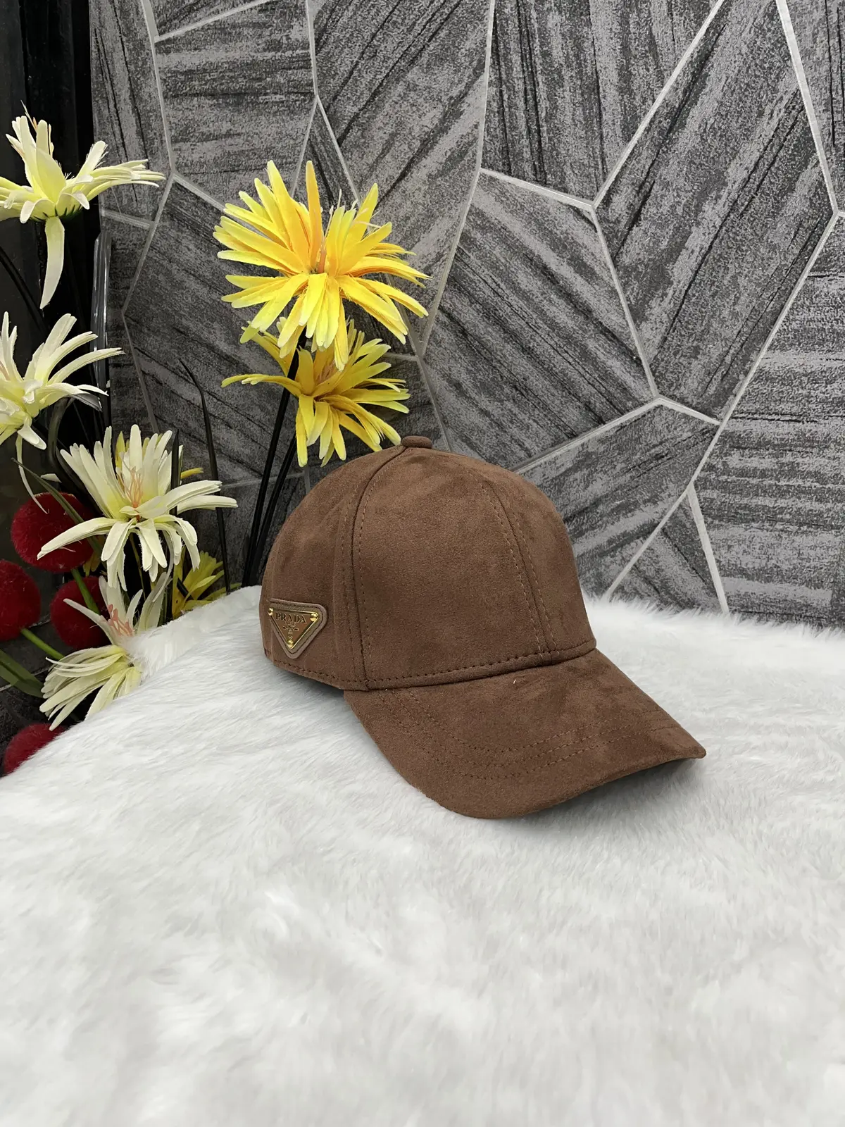 Prada Re Edition Triangle Side Logo Suede Leather cocoa Premium Unisex Cap (With Safety Box) - Image 2