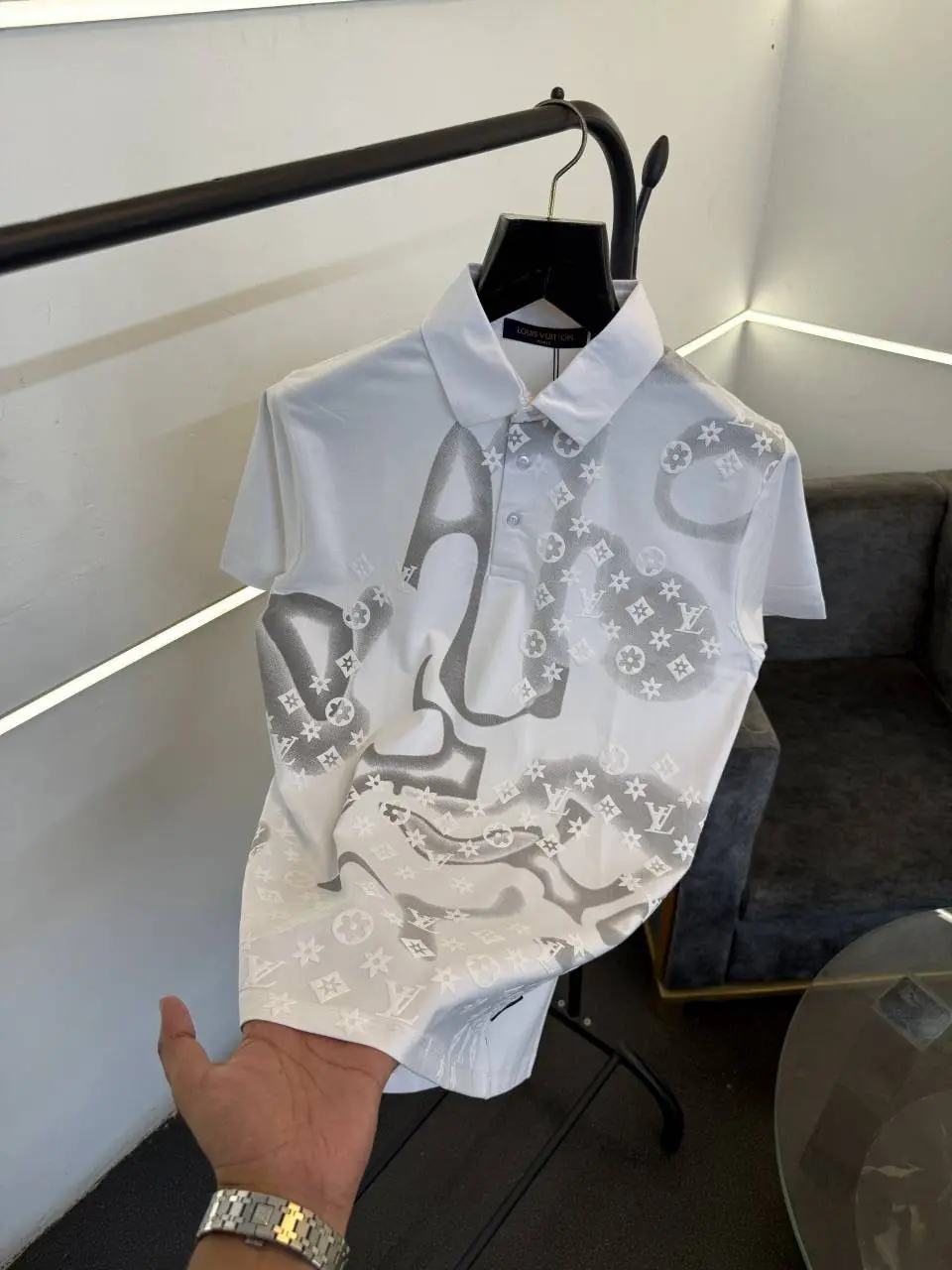 Louis Vuitton embossed and laser print imported polo tshirt white - Image 2