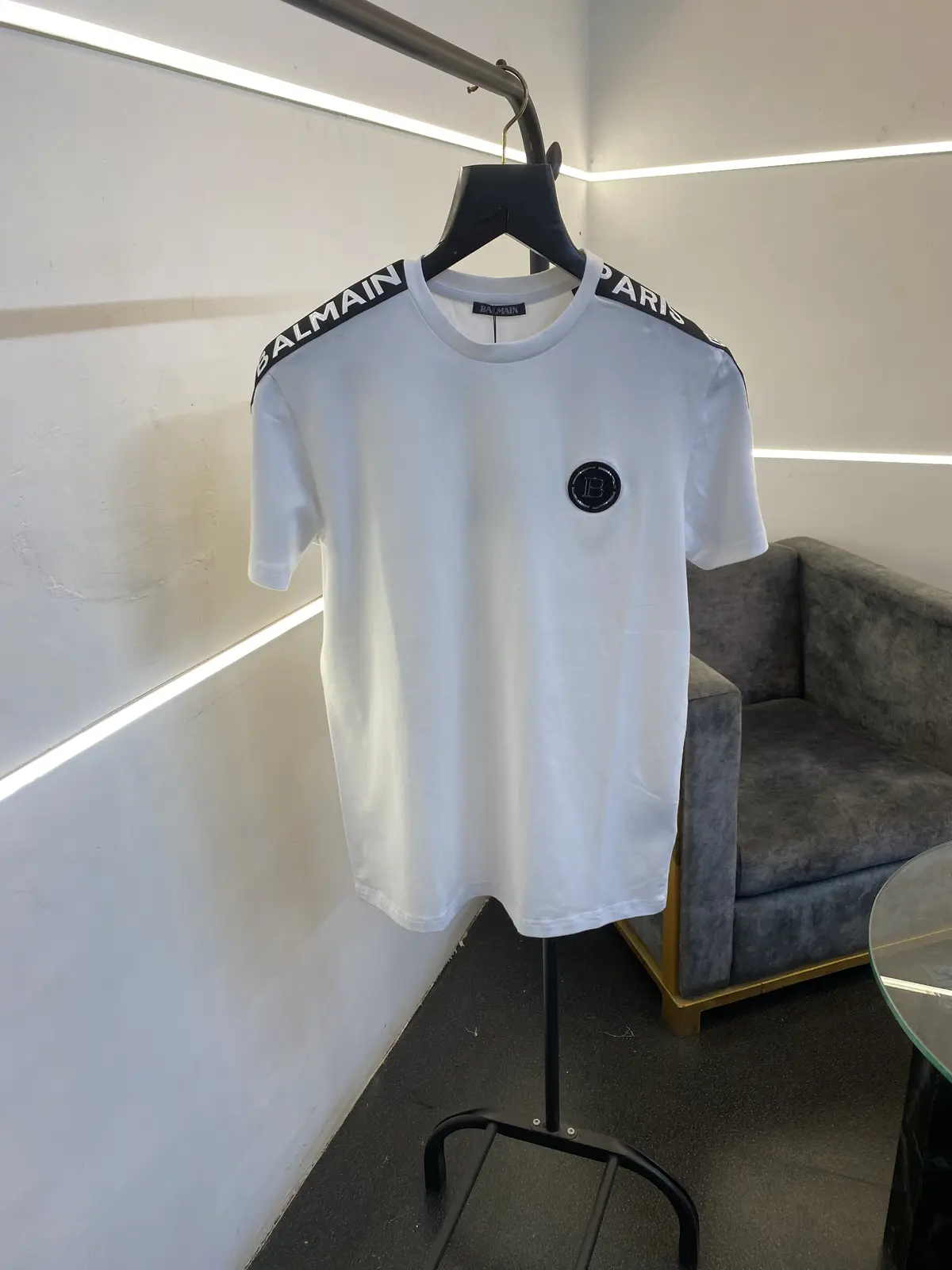 Balmain turkey imported round neck with shoulder embossed strip and chest steel logo white sale