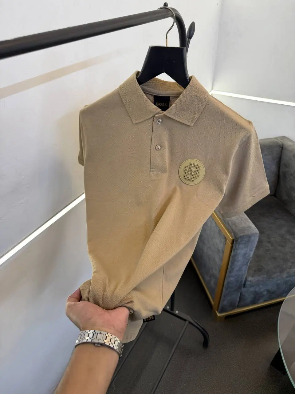 Hugo bos matty fabric imported polo tshirt white brand logo on chest beige - Image 2
