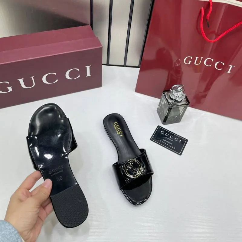 Gucci Round Interlocking G in Black Leather Shiny Classic Slides With OG Box & Carry Bag 1892 - Image 2